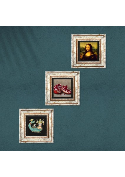 Leonardo da Vinci Mona Lisa, Şahmeran, Nar Taş Duvar Tablosu Çerçeveli Duvar Dekoru 3 Parça Tablo Seti Wall Art T3-960