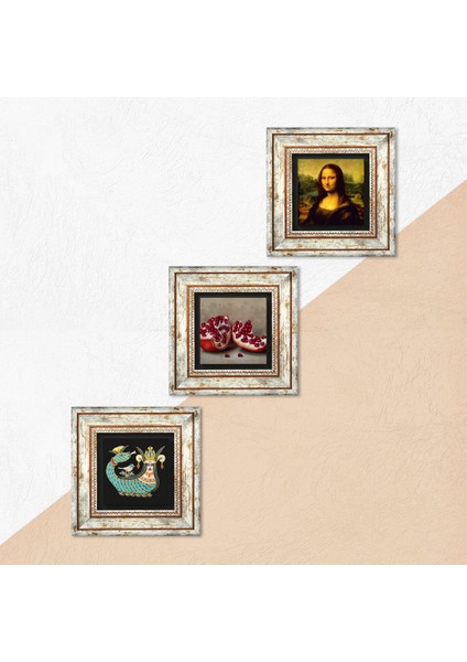 Leonardo da Vinci Mona Lisa, Şahmeran, Nar Taş Duvar Tablosu Çerçeveli Duvar Dekoru 3 Parça Tablo Seti Wall Art T3-960