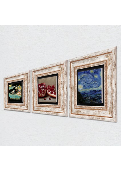 Van Gogh Yıldızlı Gece, Şahmeran, Nar Taş Duvar Tablosu Çerçeveli Duvar Dekoru 3 Parça Tablo Seti Wall Art T3-971