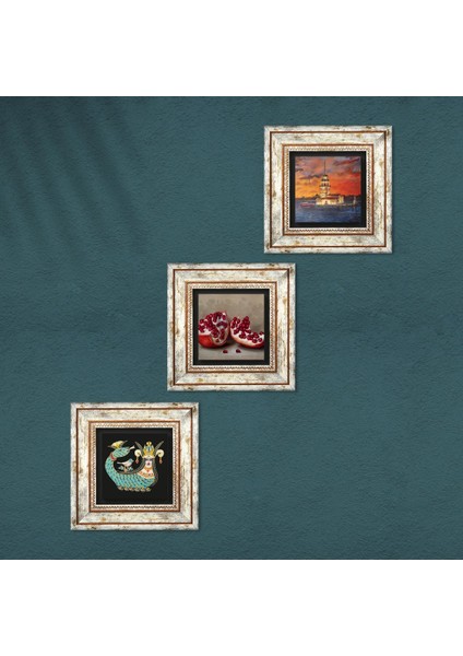 İstanbul Kız Kulesi, Şahmeran, Nar Çerçeveli Taş Duvar Tablosu 3’lü Set - Dekoratif Modern Sanat, Ev ve Ofis Dekoru |TK3-976| fırsatları