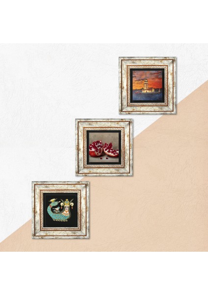 İstanbul Kız Kulesi, Şahmeran, Nar Çerçeveli Taş Duvar Tablosu 3’lü Set - Dekoratif Modern Sanat, Ev ve Ofis Dekoru |TK3-976| indirimleri