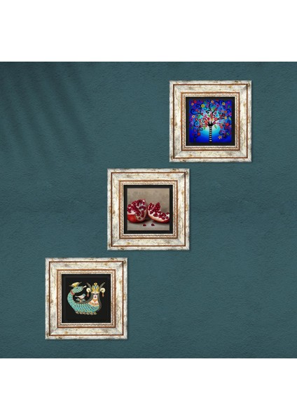 Hayat Ağacı, Şahmeran, Nar Taş Duvar Tablosu Çerçeveli Duvar Dekoru 3 Parça Tablo Seti Wall Art T3-979