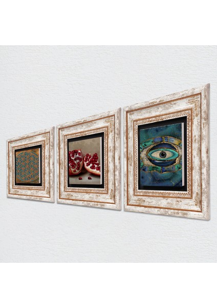 Yaşam Çiçeği, Nazar, Nar Taş Duvar Tablosu Çerçeveli Duvar Dekoru 3 Parça Tablo Seti Wall Art T3-1687