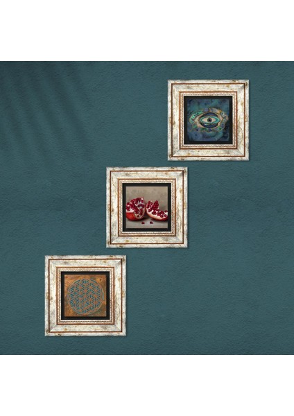 Yaşam Çiçeği, Nazar, Nar Taş Duvar Tablosu Çerçeveli Duvar Dekoru 3 Parça Tablo Seti Wall Art T3-1687