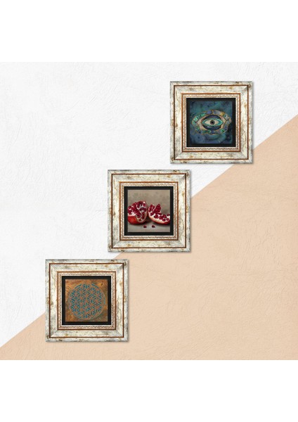 Yaşam Çiçeği, Nazar, Nar Taş Duvar Tablosu Çerçeveli Duvar Dekoru 3 Parça Tablo Seti Wall Art T3-1687