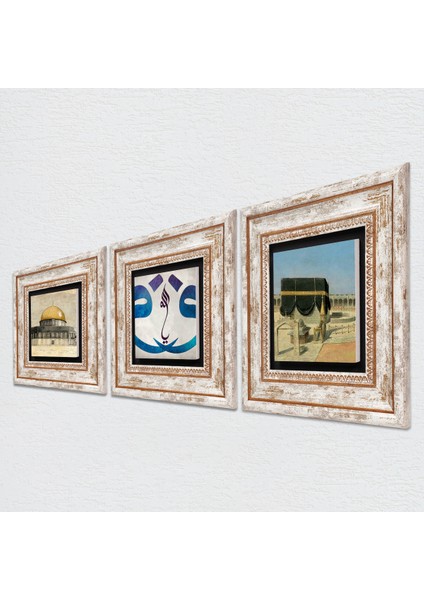 Vav, Kabe-i Muazzama, Mescid-i Aksa Taş Duvar Tablosu Çerçeveli Duvar Dekoru 3 Parça Tablo Seti Wall Art T3-1795