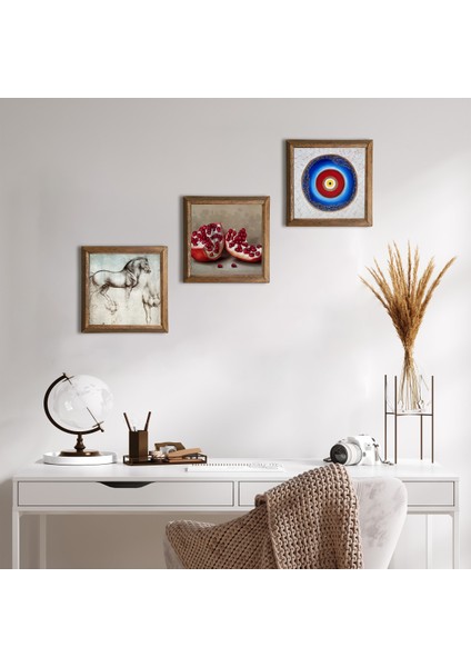 Nazar, Leonardo da Vinci At Heykeli, Nar Taş Duvar Tablosu Ahşap Çerçeveli Duvar Dekoru 3 Parça Tablo Seti Wall Art W3-1333