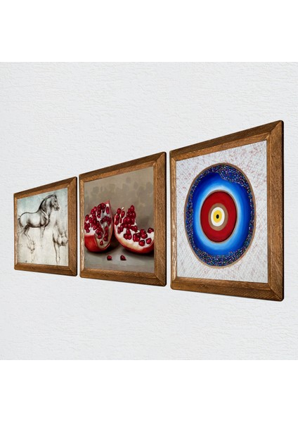 Nazar, Leonardo da Vinci At Heykeli, Nar Taş Duvar Tablosu Ahşap Çerçeveli Duvar Dekoru 3 Parça Tablo Seti Wall Art W3-1333