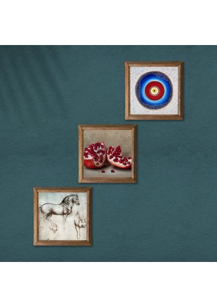 Nazar, Leonardo da Vinci At Heykeli, Nar Taş Duvar Tablosu Ahşap Çerçeveli Duvar Dekoru 3 Parça Tablo Seti Wall Art W3-1333