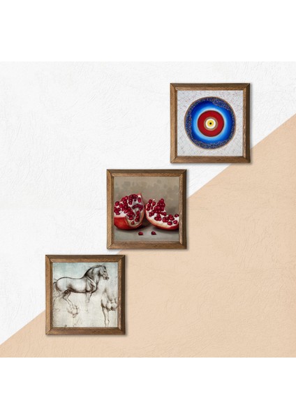 Nazar, Leonardo da Vinci At Heykeli, Nar Taş Duvar Tablosu Ahşap Çerçeveli Duvar Dekoru 3 Parça Tablo Seti Wall Art W3-1333