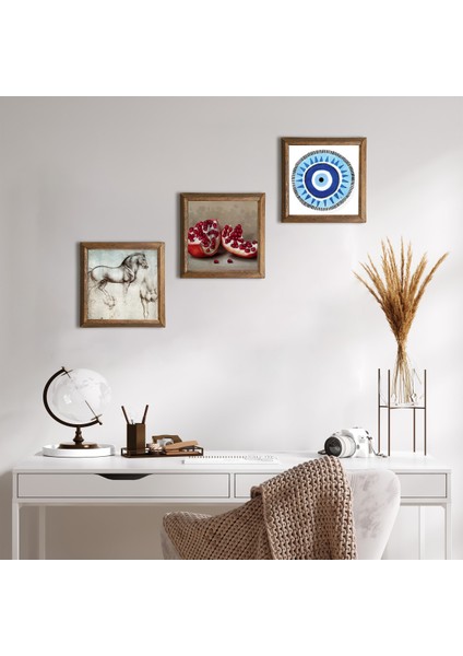 Nazar, Leonardo da Vinci At Heykeli, Nar Taş Duvar Tablosu Ahşap Çerçeveli Duvar Dekoru 3 Parça Tablo Seti Wall Art W3-1334