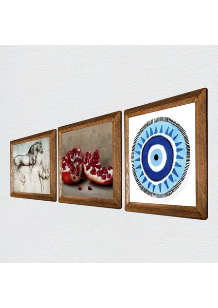 Nazar, Leonardo da Vinci At Heykeli, Nar Taş Duvar Tablosu Ahşap Çerçeveli Duvar Dekoru 3 Parça Tablo Seti Wall Art W3-1334