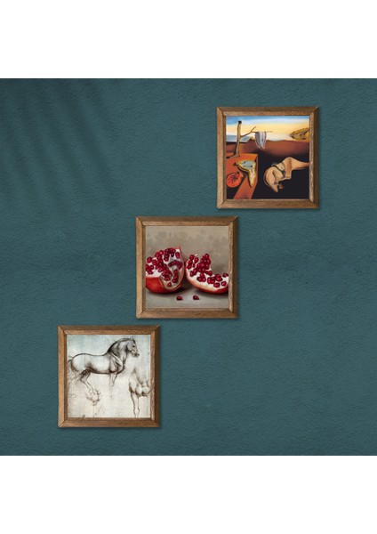 Salvador Dalí Belleğin Azmi, Da Vinci At Heykeli, Nar Taş Duvar Tablosu Ahşap Çerçeveli Duvar Dekoru 3 Parça Tablo Seti Wall Art W3-1352