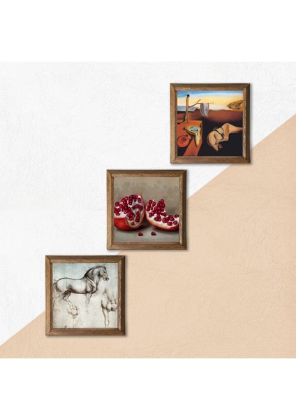 Salvador Dalí Belleğin Azmi, Da Vinci At Heykeli, Nar Taş Duvar Tablosu Ahşap Çerçeveli Duvar Dekoru 3 Parça Tablo Seti Wall Art W3-1352