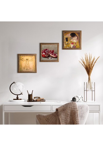 Gustav Klimt Öpücük, Leonardo da Vinci Vitruvius Adamı, Nar Taş Duvar Tablosu Ahşap Çerçeveli Duvar Dekoru 3 Parça Tablo Seti Wall Art W3-1359
