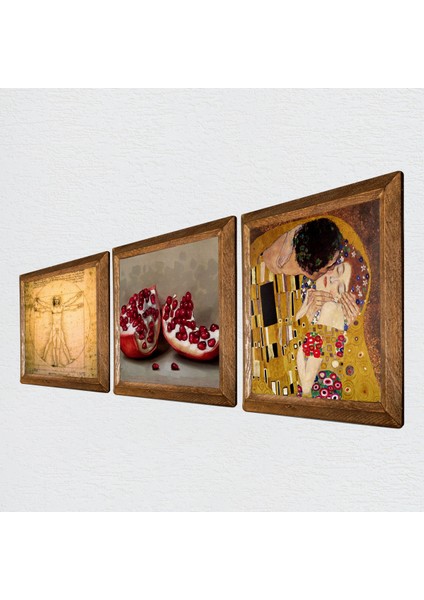 Gustav Klimt Öpücük, Leonardo da Vinci Vitruvius Adamı, Nar Taş Duvar Tablosu Ahşap Çerçeveli Duvar Dekoru 3 Parça Tablo Seti Wall Art W3-1359
