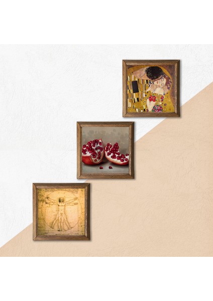 Gustav Klimt Öpücük, Leonardo da Vinci Vitruvius Adamı, Nar Taş Duvar Tablosu Ahşap Çerçeveli Duvar Dekoru 3 Parça Tablo Seti Wall Art W3-1359