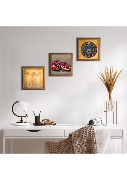 Nazar Boncuğu, Leonardo da Vinci Vitruvius Adamı, Nar Taş Duvar Tablosu Ahşap Çerçeveli Duvar Dekoru 3 Parça Tablo Seti Wall Art W3-1363