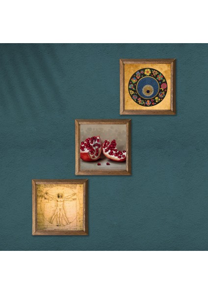 Nazar Boncuğu, Leonardo da Vinci Vitruvius Adamı, Nar Taş Duvar Tablosu Ahşap Çerçeveli Duvar Dekoru 3 Parça Tablo Seti Wall Art W3-1363