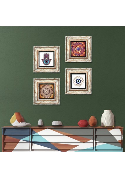 Stone Nazar, Mandala, Fatma Ana Eli (Hamsa) Çerçeveli Taş Duvar Tablosu 4’lü Set - Dekoratif Modern Sanat, Ev ve Ofis Dekoru |TK4-1461|