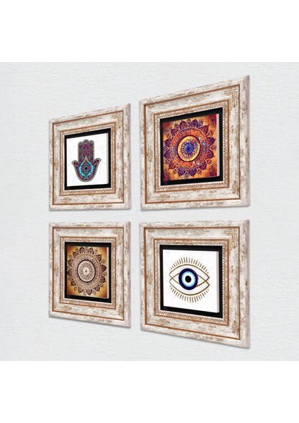 Stone Nazar, Mandala, Fatma Ana Eli (Hamsa) Çerçeveli Taş Duvar Tablosu 4’lü Set - Dekoratif Modern Sanat, Ev ve Ofis Dekoru |TK4-1461| fiyatları