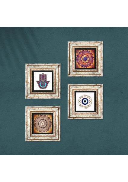 Stone Nazar, Mandala, Fatma Ana Eli (Hamsa) Çerçeveli Taş Duvar Tablosu 4’lü Set - Dekoratif Modern Sanat, Ev ve Ofis Dekoru |TK4-1461| fırsatları