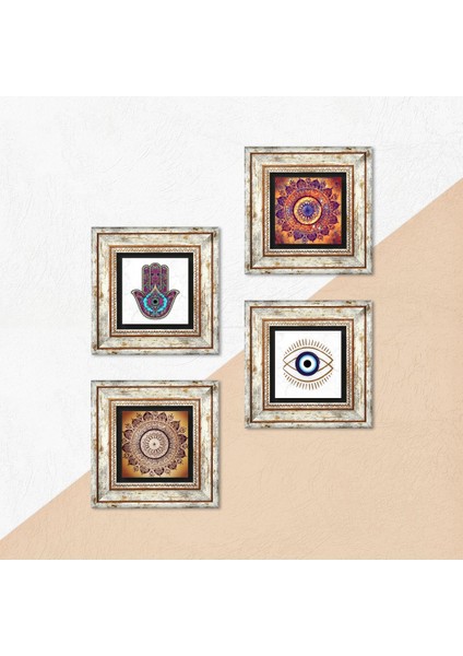 Stone Nazar, Mandala, Fatma Ana Eli (Hamsa) Çerçeveli Taş Duvar Tablosu 4’lü Set - Dekoratif Modern Sanat, Ev ve Ofis Dekoru |TK4-1461| indirimleri