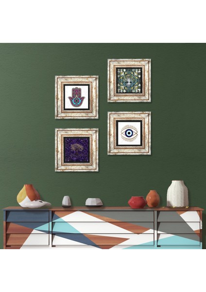 Stone Nazar, Hayat Ağacı, Fatma Ana Eli (Hamsa) Çerçeveli Taş Duvar Tablosu 4’lü Set - Dekoratif Modern Sanat, Ev ve Ofis Dekoru |TK4-1463|