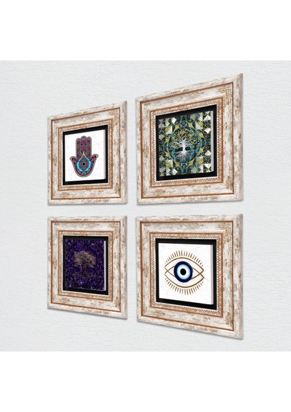 Stone Nazar, Hayat Ağacı, Fatma Ana Eli (Hamsa) Çerçeveli Taş Duvar Tablosu 4’lü Set - Dekoratif Modern Sanat, Ev ve Ofis Dekoru |TK4-1463| fiyatları