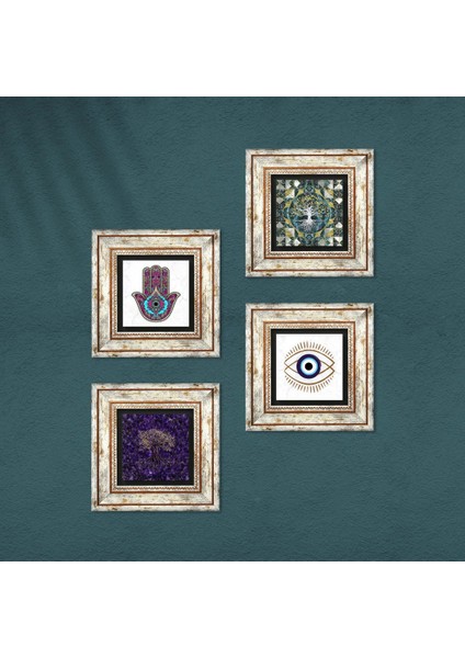 Stone Nazar, Hayat Ağacı, Fatma Ana Eli (Hamsa) Çerçeveli Taş Duvar Tablosu 4’lü Set - Dekoratif Modern Sanat, Ev ve Ofis Dekoru |TK4-1463| fırsatları