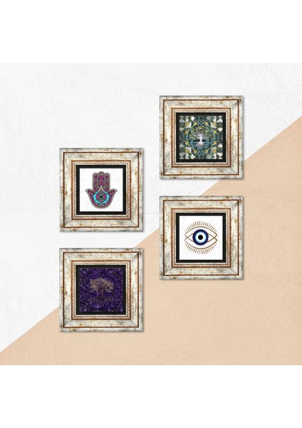 Stone Nazar, Hayat Ağacı, Fatma Ana Eli (Hamsa) Çerçeveli Taş Duvar Tablosu 4’lü Set - Dekoratif Modern Sanat, Ev ve Ofis Dekoru |TK4-1463| indirimleri