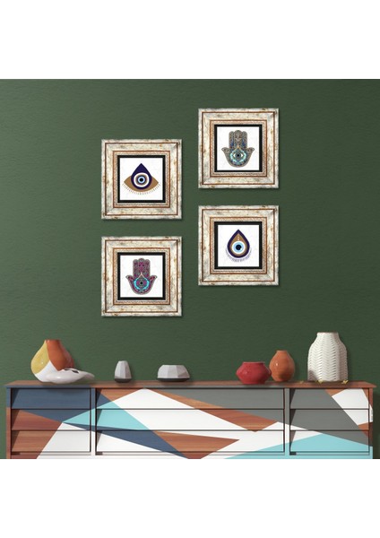Stone Nazar, Fatma Ana Eli (Hamsa) Çerçeveli Taş Duvar Tablosu 4’lü Set - Dekoratif Modern Sanat, Ev ve Ofis Dekoru |TK4-1466|