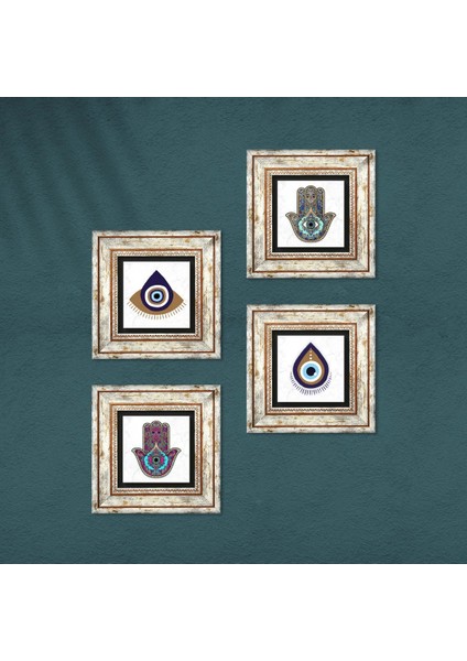 Stone Nazar, Fatma Ana Eli (Hamsa) Çerçeveli Taş Duvar Tablosu 4’lü Set - Dekoratif Modern Sanat, Ev ve Ofis Dekoru |TK4-1466| fırsatları