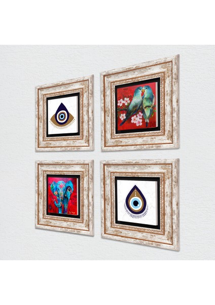 Stone Nazar, Fil, Kuş Çerçeveli Taş Duvar Tablosu 4’lü Set - Dekoratif Modern Sanat, Ev ve Ofis Dekoru |TK4-1470| fiyatları