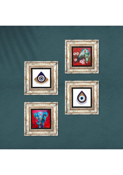 Stone Nazar, Fil, Kuş Çerçeveli Taş Duvar Tablosu 4’lü Set - Dekoratif Modern Sanat, Ev ve Ofis Dekoru |TK4-1470| fırsatları