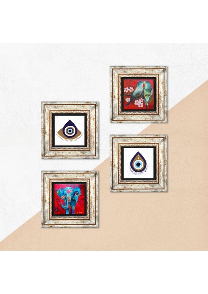 Stone Nazar, Fil, Kuş Çerçeveli Taş Duvar Tablosu 4’lü Set - Dekoratif Modern Sanat, Ev ve Ofis Dekoru |TK4-1470| indirimleri
