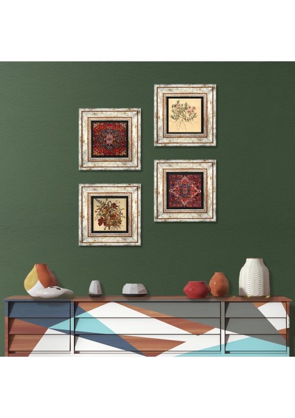 Desen, Vintage Çiçek Taş Duvar Tablosu Çerçeveli Duvar Dekoru 4 Parça Tablo Seti Wall Art T4-1480