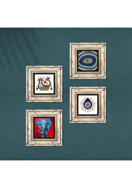 Fil, Nazar, Şahmeran Çerçeveli Taş Duvar Tablosu 4’lü Set - Dekoratif Modern Sanat, Ev ve Ofis Dekoru |TK4-1430| fırsatları