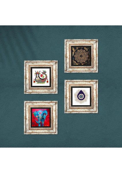 Nazar, Fil, Sri Yantra, Şahmeran Taş Duvar Tablosu Çerçeveli Duvar Dekoru 4 Parça Tablo Seti Wall Art T4-1433