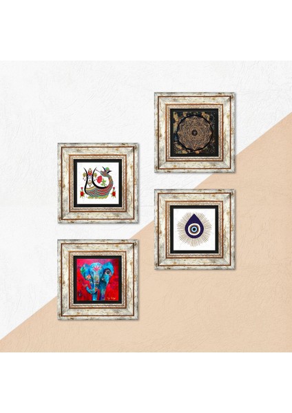 Nazar, Fil, Sri Yantra, Şahmeran Taş Duvar Tablosu Çerçeveli Duvar Dekoru 4 Parça Tablo Seti Wall Art T4-1433