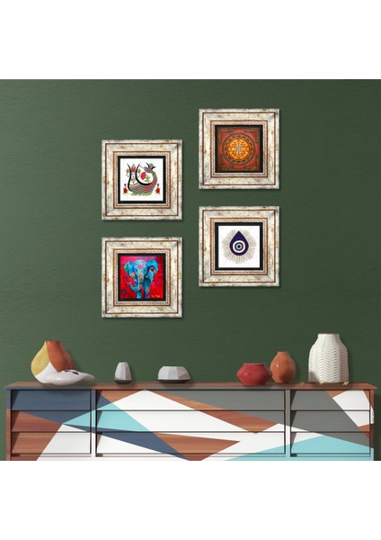 Nazar, Fil, Sri Yantra, Şahmeran Çerçeveli Taş Duvar Tablosu 4’lü Set - Dekoratif Modern Sanat, Ev ve Ofis Dekoru |TK4-1437|