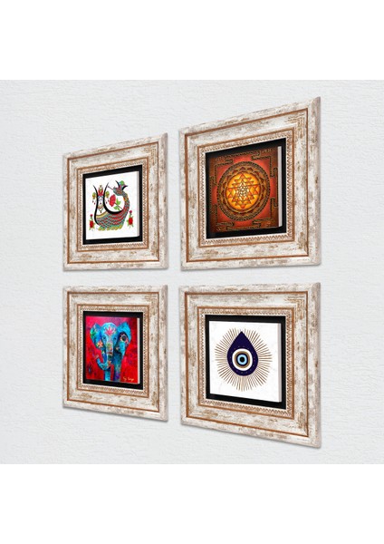 Nazar, Fil, Sri Yantra, Şahmeran Çerçeveli Taş Duvar Tablosu 4’lü Set - Dekoratif Modern Sanat, Ev ve Ofis Dekoru |TK4-1437| fiyatları
