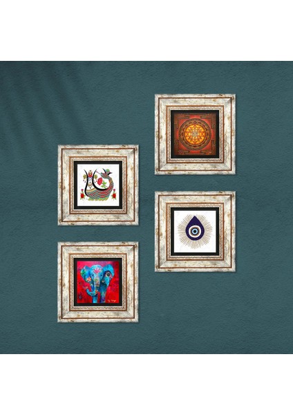 Nazar, Fil, Sri Yantra, Şahmeran Çerçeveli Taş Duvar Tablosu 4’lü Set - Dekoratif Modern Sanat, Ev ve Ofis Dekoru |TK4-1437| fırsatları