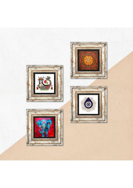 Nazar, Fil, Sri Yantra, Şahmeran Çerçeveli Taş Duvar Tablosu 4’lü Set - Dekoratif Modern Sanat, Ev ve Ofis Dekoru |TK4-1437| indirimleri
