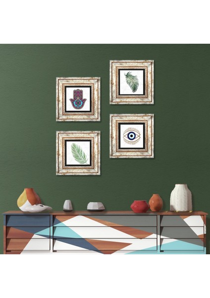 Stone Nazar, Yaprak, Fatma Ana Eli (Hamsa) Çerçeveli Taş Duvar Tablosu 4’lü Set - Dekoratif Modern Sanat, Ev ve Ofis Dekoru |TK4-1452|