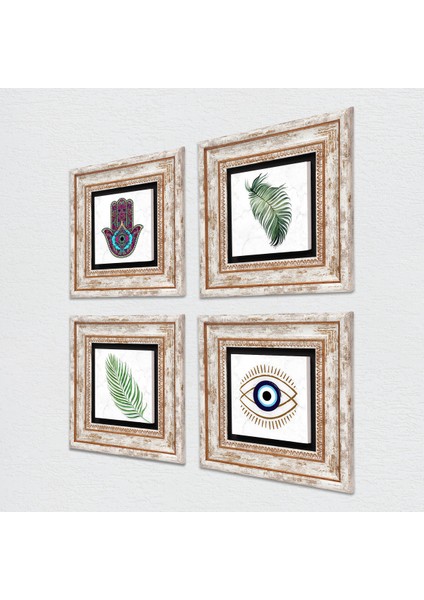 Stone Nazar, Yaprak, Fatma Ana Eli (Hamsa) Çerçeveli Taş Duvar Tablosu 4’lü Set - Dekoratif Modern Sanat, Ev ve Ofis Dekoru |TK4-1452| fiyatları