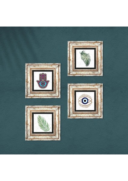 Stone Nazar, Yaprak, Fatma Ana Eli (Hamsa) Çerçeveli Taş Duvar Tablosu 4’lü Set - Dekoratif Modern Sanat, Ev ve Ofis Dekoru |TK4-1452| fırsatları