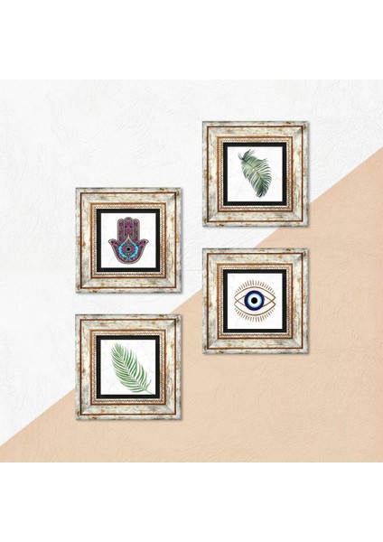 Stone Nazar, Yaprak, Fatma Ana Eli (Hamsa) Çerçeveli Taş Duvar Tablosu 4’lü Set - Dekoratif Modern Sanat, Ev ve Ofis Dekoru |TK4-1452| indirimleri