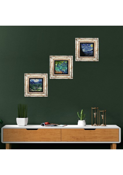 Van Gogh Zeytin Ağaçları, İrisler, Yıldızlı Gece Taş Duvar Tablosu Çerçeveli Duvar Dekoru 3 Parça Tablo Seti Wall Art T3-572