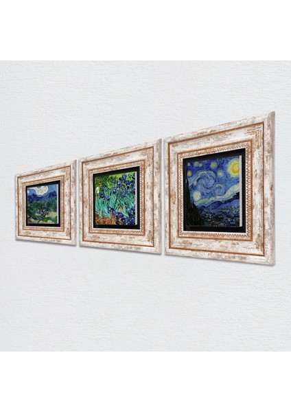 Van Gogh Zeytin Ağaçları, İrisler, Yıldızlı Gece Taş Duvar Tablosu Çerçeveli Duvar Dekoru 3 Parça Tablo Seti Wall Art T3-572